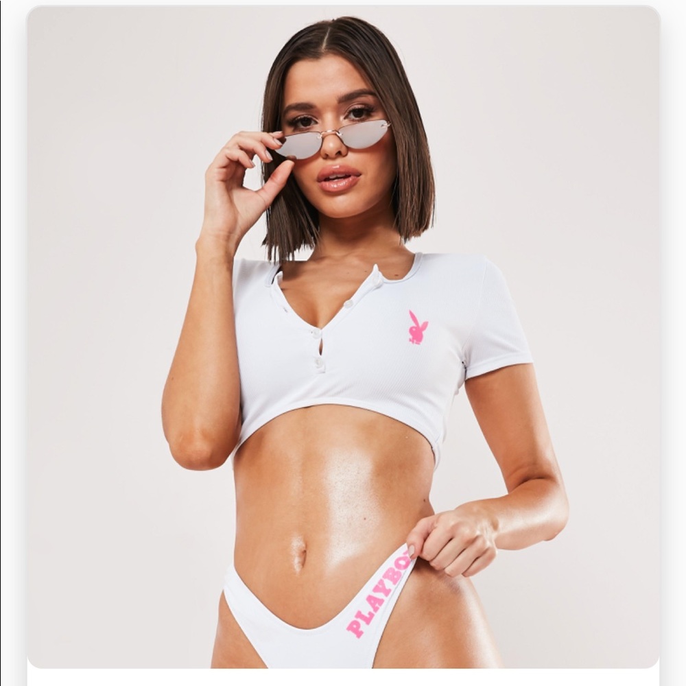 Missguided x Playboy ribbed button bikini crop top